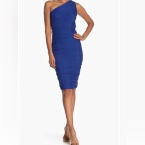 LOVE X DESIGN Dress Women XL Sapphire Blue One Shoulder Ruched Side Zip NEW - Picture 1 of 6